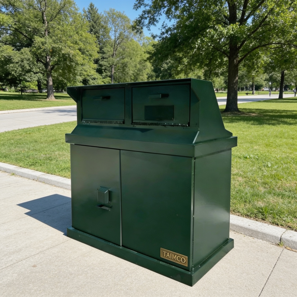 A dark green TAIMCO commercial trash and recycling bin unit with two top compartments and a front storage cabinet, situated on a concrete sidewalk in a park with green grass and trees.