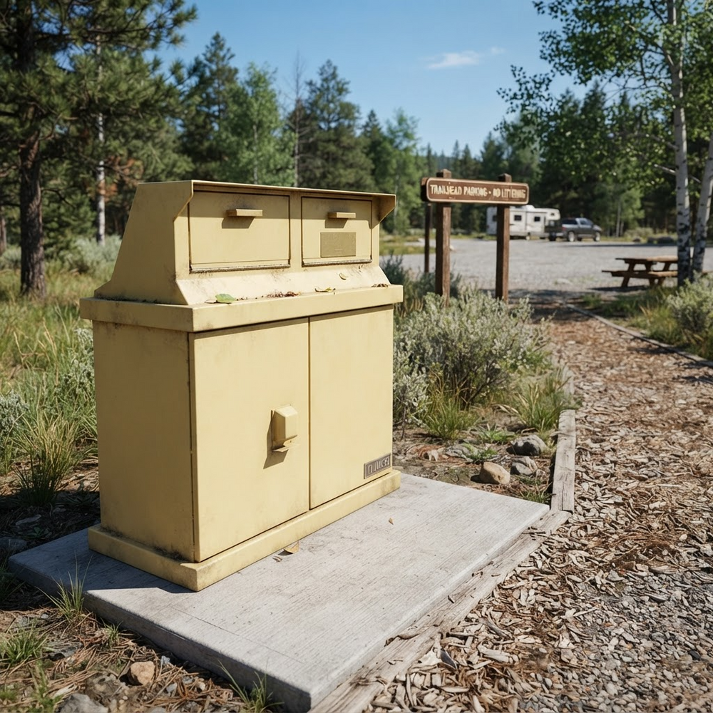 A yellow metal utility cabinet or mailbox-like storage unit mounted on a concrete base in an outdoor wooded area with gravel, trees, and a signpost in the background.