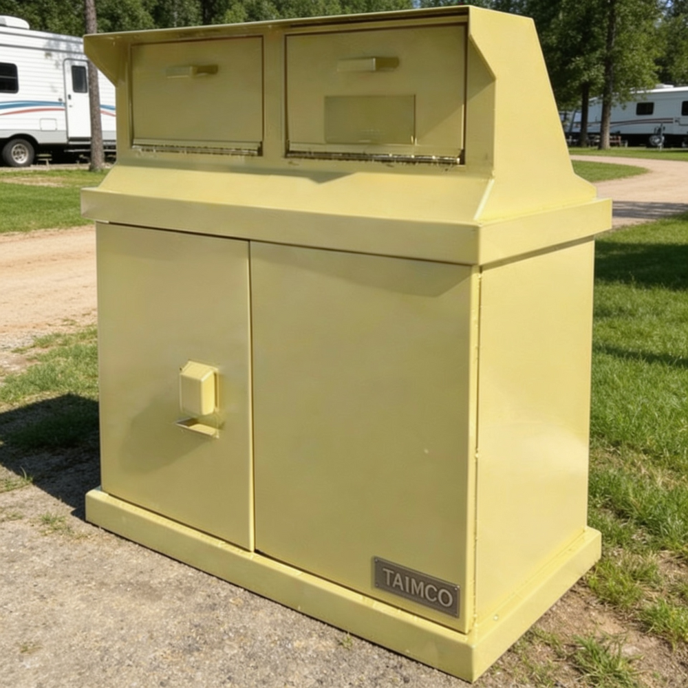 A large yellow metal utility cabinet or storage unit with two front doors and a top-mounted double-compartment box, photographed outdoors on grass and dirt with RVs in the background. A small plate on the lower right door reads TAIMCO.