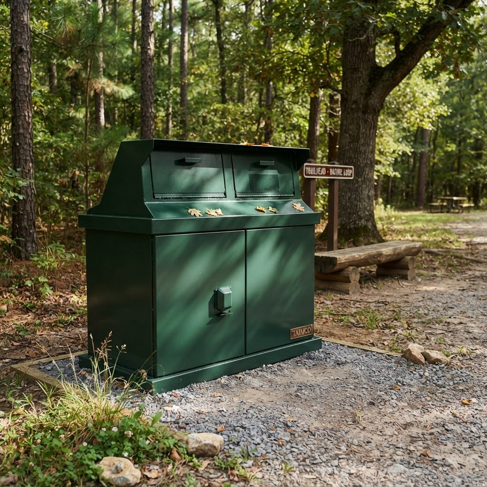 A dark green outdoor trash and recycling container with a slanted lid, placed on a gravel path in a wooded campsite setting with a bench and trees in the background.