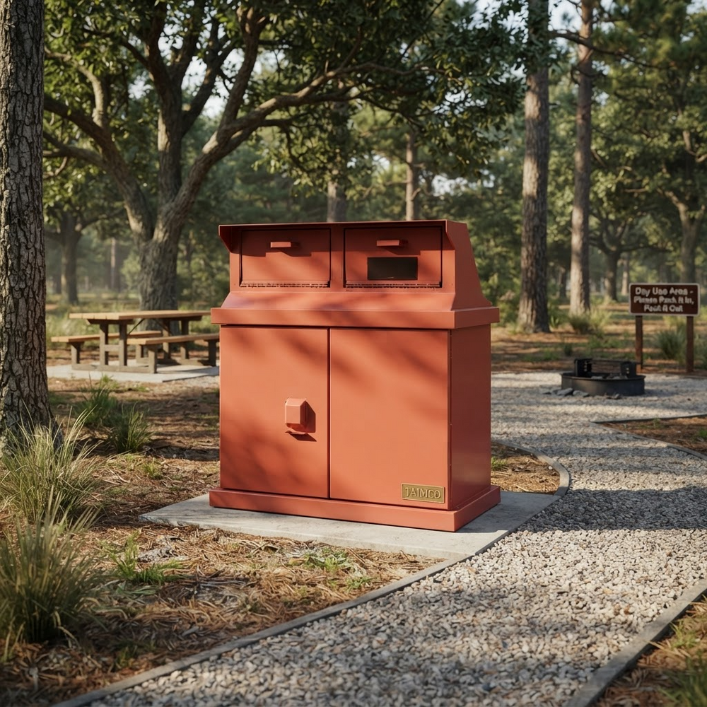 A large terracotta-colored metal dumpster or storage container placed outdoors on a gravel path in a wooded park area with trees, picnic tables, and a sign visible in the background.