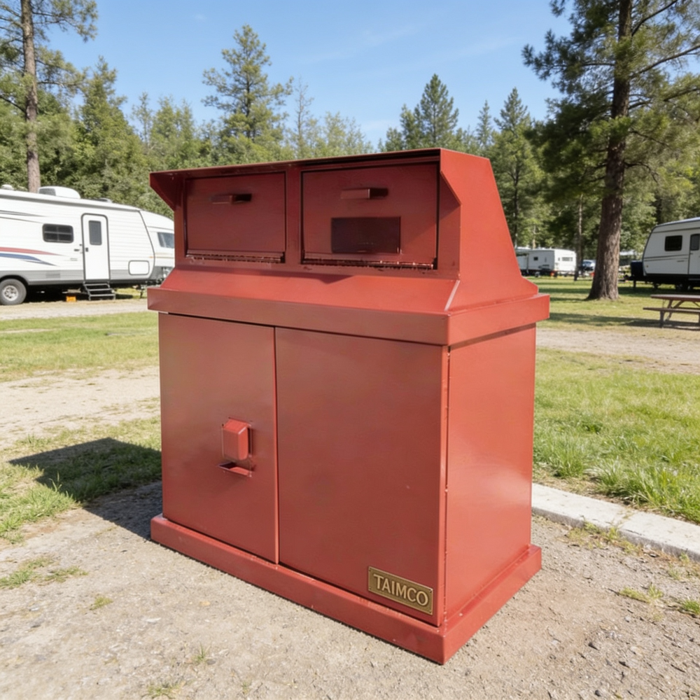 A red metal trash and recycling container with two top bins and a lower cabinet door, photographed outdoors on a gravel path at a campground with trees and RVs in the background. A small badge on the front reads TAIMCO.