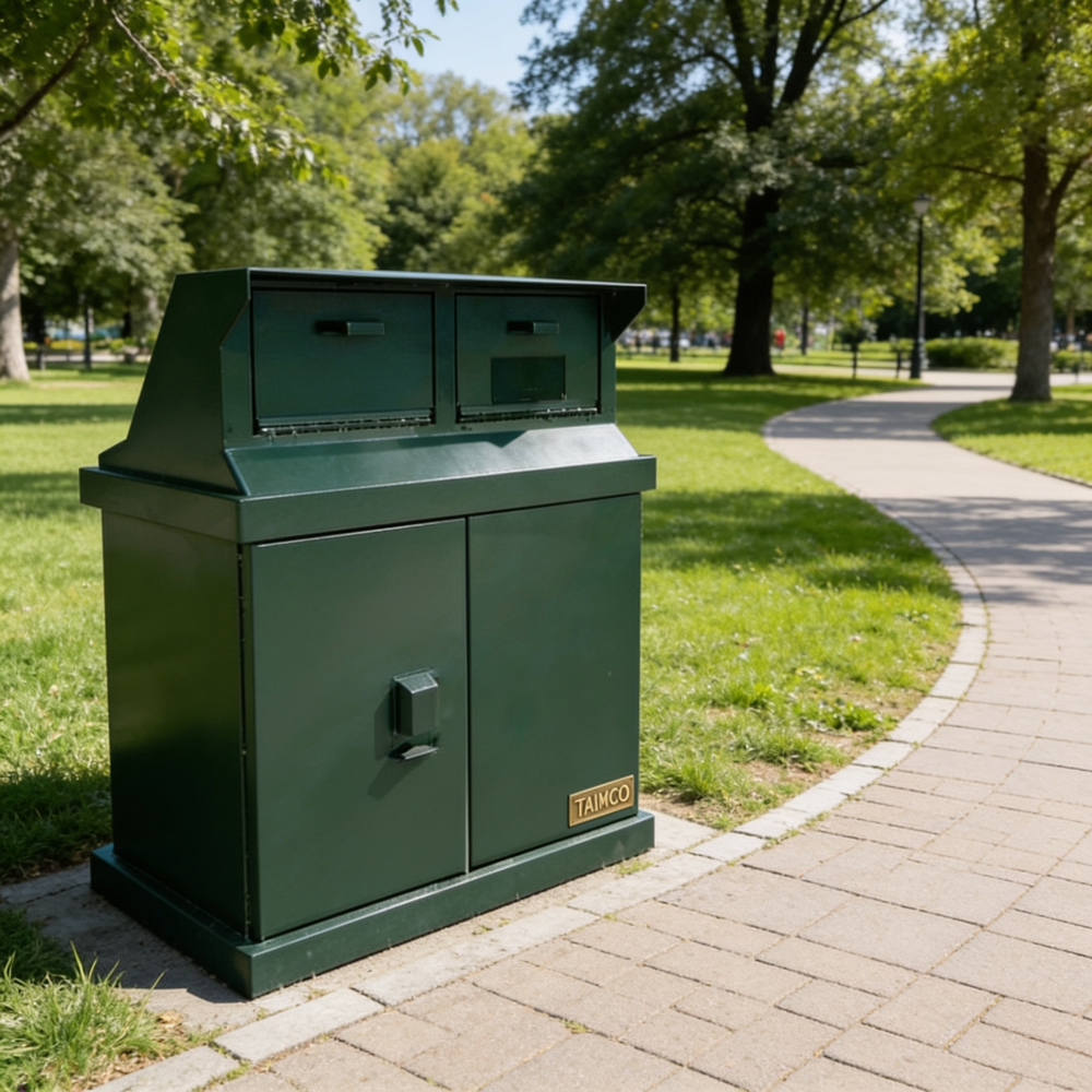 A dark green metal utility storage cabinet with two top compartments and a front door, situated on a paved pathway in a grassy park with trees.