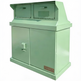 A mint green metal double-compartment trash or recycling bin with a lower cabinet door and a visible TAIMCO brand badge on the front right corner, set against a plain white background.