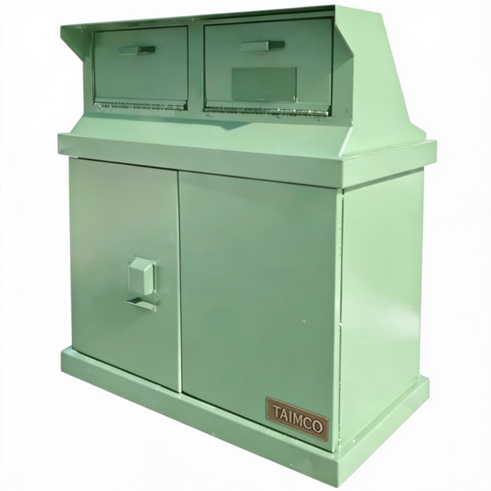 A mint green metal double-compartment trash or recycling bin with a lower cabinet door and a visible TAIMCO brand badge on the front right corner, set against a plain white background.