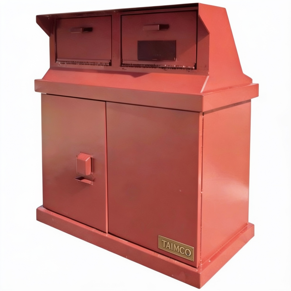 A red metal industrial mailbox or sorting machine with two top投递 slots, a front door with a handle, and a small gold TAIMCO brand plate on the lower right corner, shown against a plain white background.