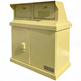A cream-colored metal industrial mailbox or sorting machine with two upper slots and two lower doors, featuring a small TAIMCO brand plate on the bottom right.