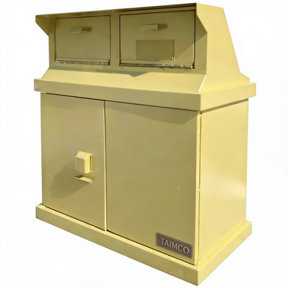 A cream-colored metal industrial mailbox or sorting machine with two upper slots and two lower doors, featuring a small TAIMCO brand plate on the bottom right.