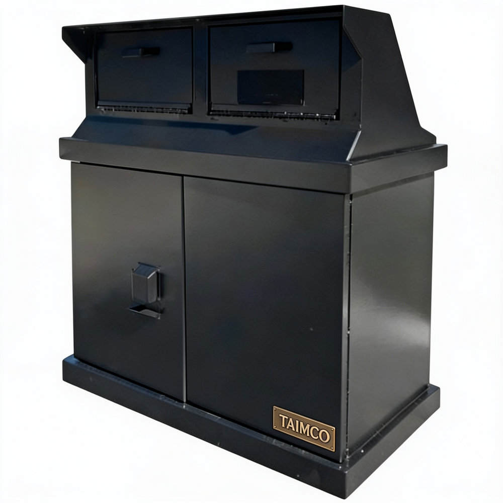 A black metal industrial storage cabinet with two upper door compartments and a lower double-door cabinet, featuring a small gold TAIMCO brand plate on the lower right front, shown on a plain white background.