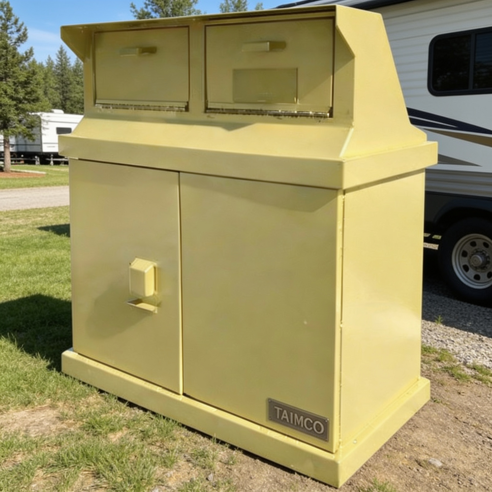 A large pale yellow TAIMCO metal storage cabinet with two top mail slots and a front door, photographed outdoors on grass near a white RV.