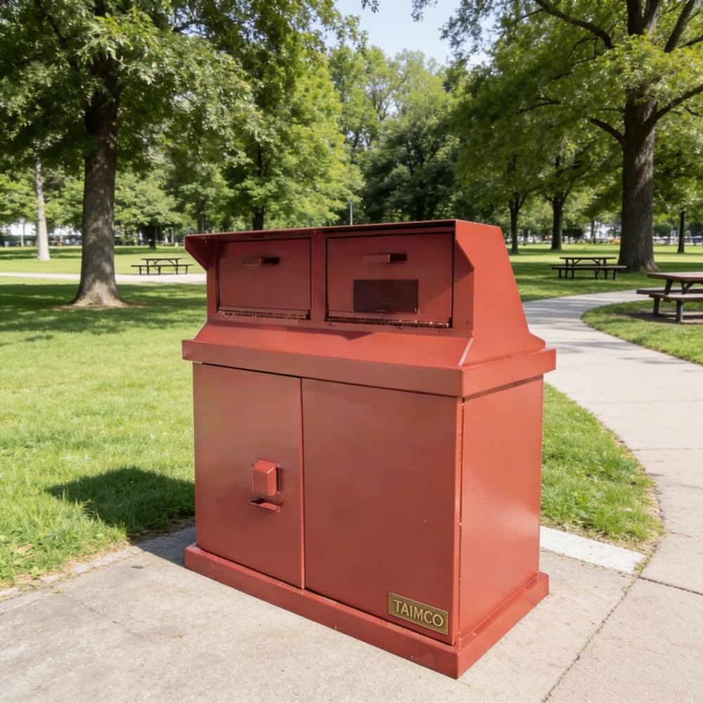 A red metal TAIMCO double-compartment mailbox unit with a lower cabinet door, shown outdoors on a paved path in a park with grass, trees, and picnic tables.