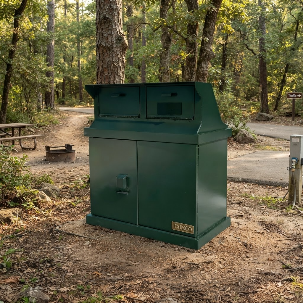A dark green metal trash and recycling collection unit with two top bins and a lower door, placed outdoors on a dirt path in a wooded park area. A small badge on the lower right reads SAMCO.