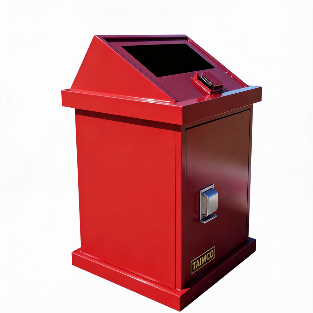Industrial outdoor trash bin with smooth black finish and front service door