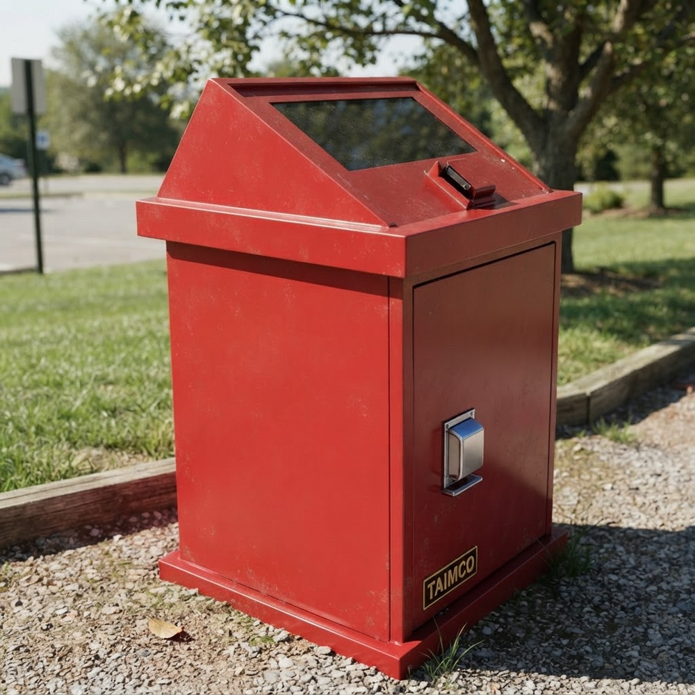 Commercial outdoor waste bin featuring sturdy construction and front clean‑out door