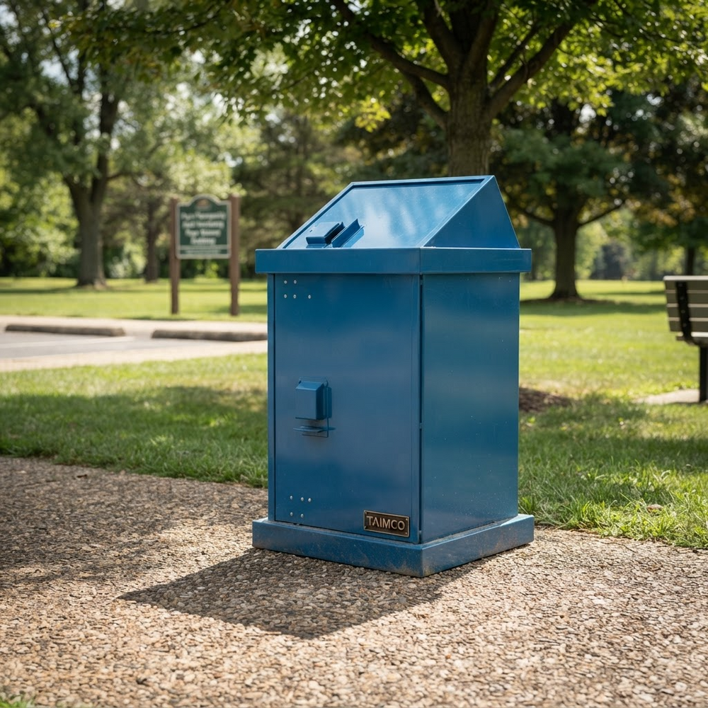 Commercial outdoor waste bin featuring sturdy construction and front clean‑out door