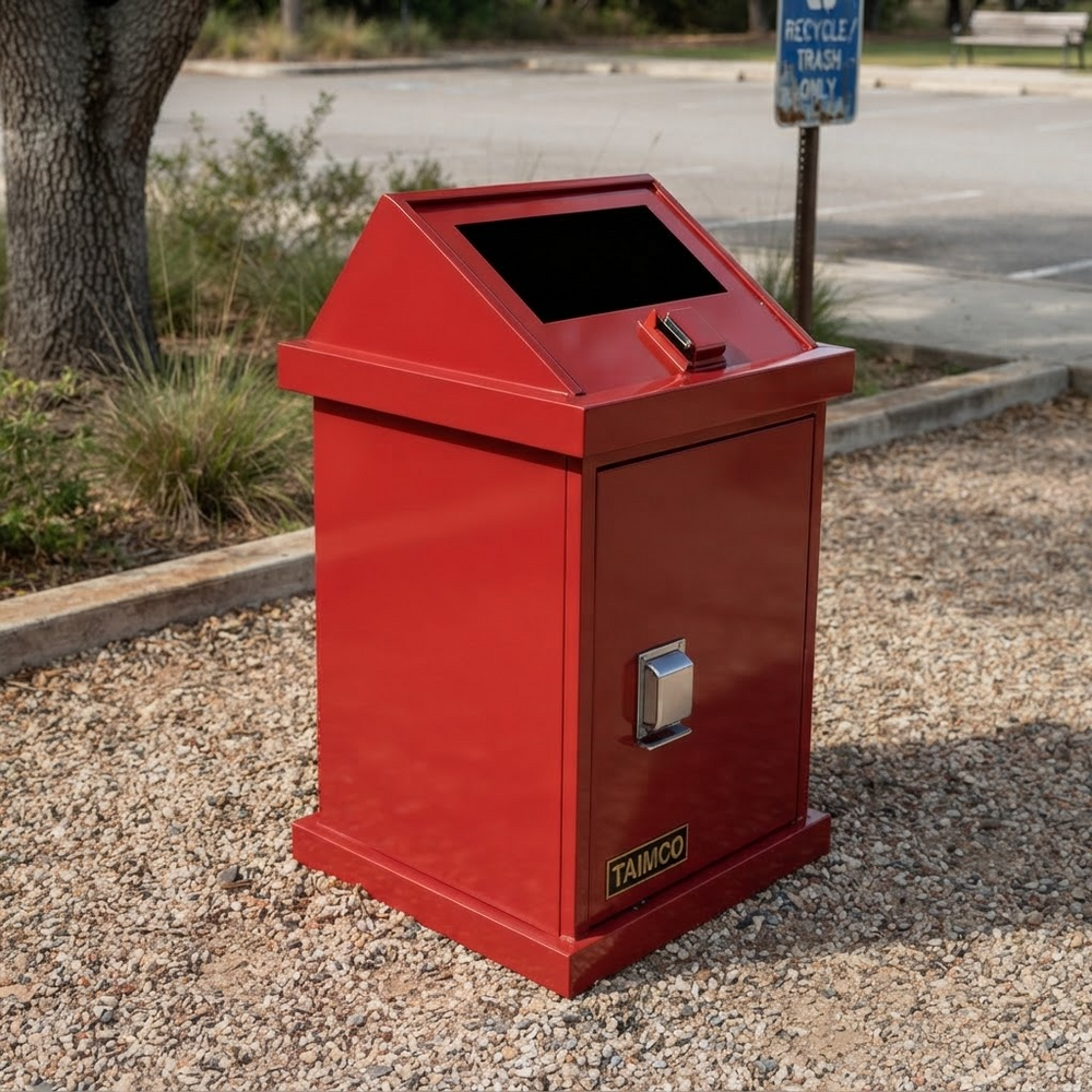 Black powder‑coated outdoor waste bin with reinforced rivets and TAIMCO branding