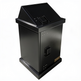 Black metal outdoor waste bin with slanted top opening and front access door