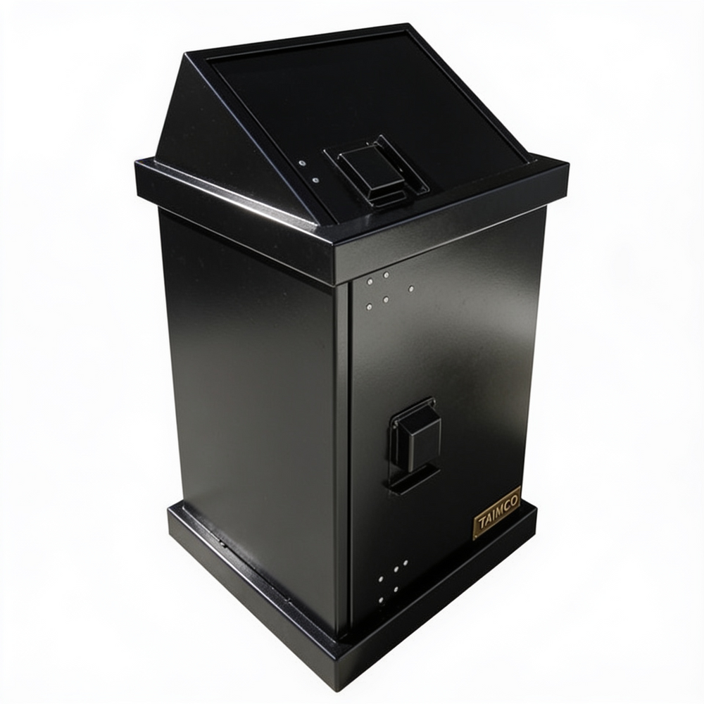 Black metal outdoor waste bin with slanted top opening and front access door