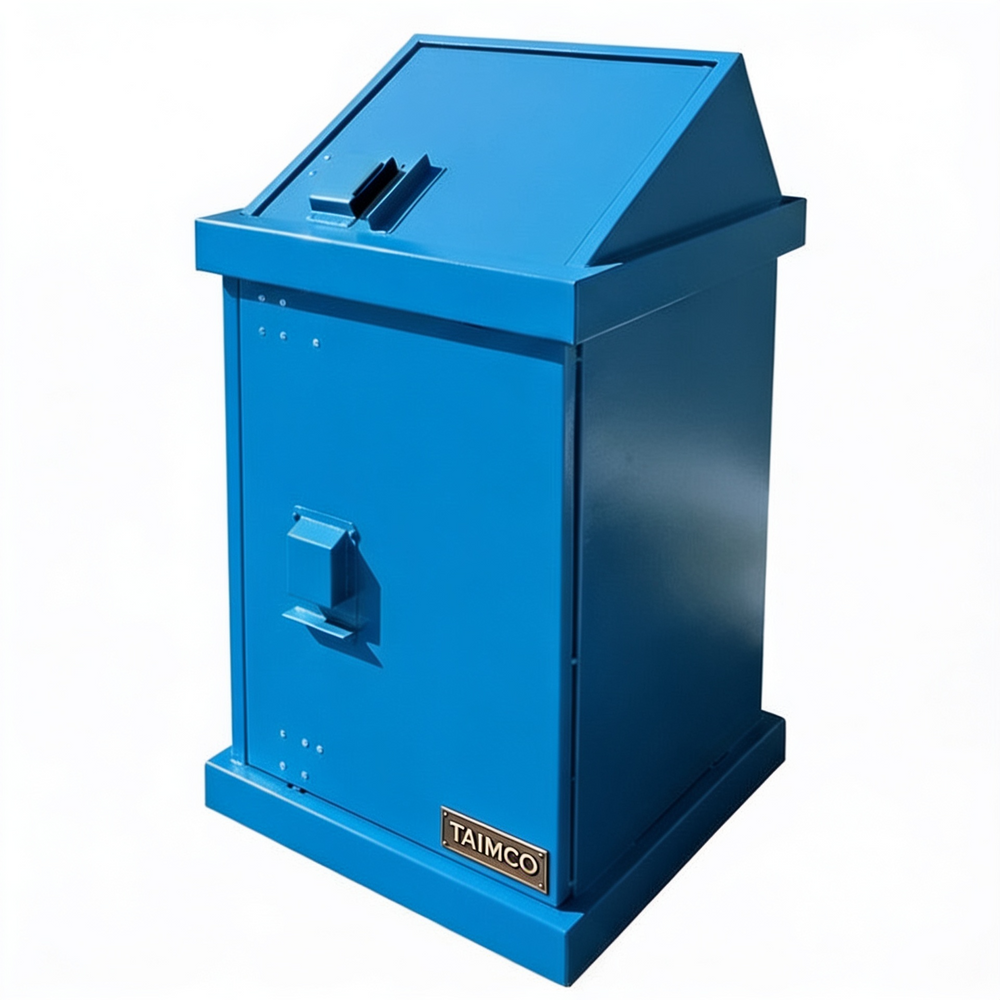 Black powder‑coated outdoor waste bin with reinforced rivets and TAIMCO branding