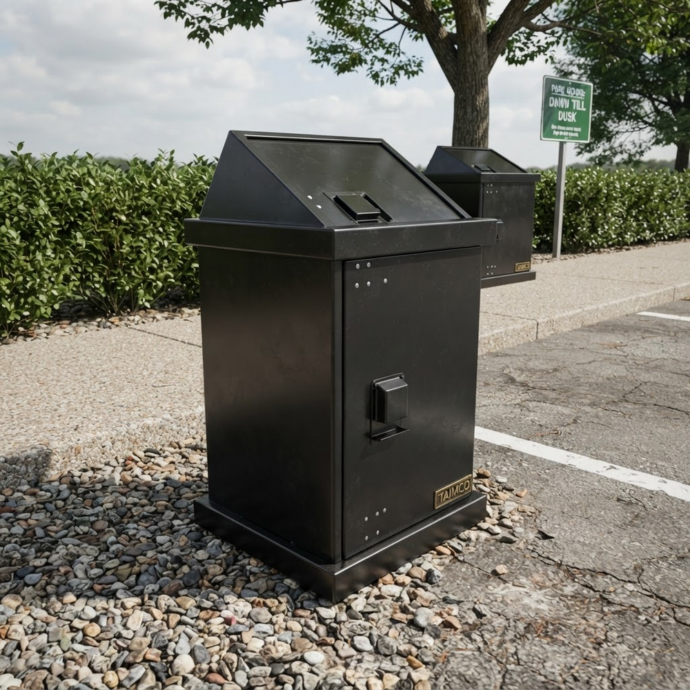 Commercial outdoor waste bin featuring sturdy construction and front clean‑out door
