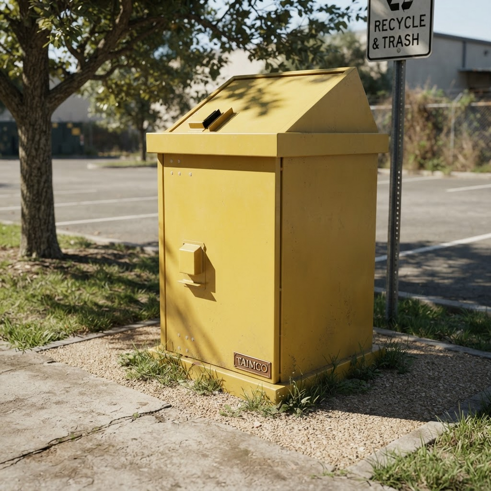 Public‑space metal waste container with sloped top and wide loading slot