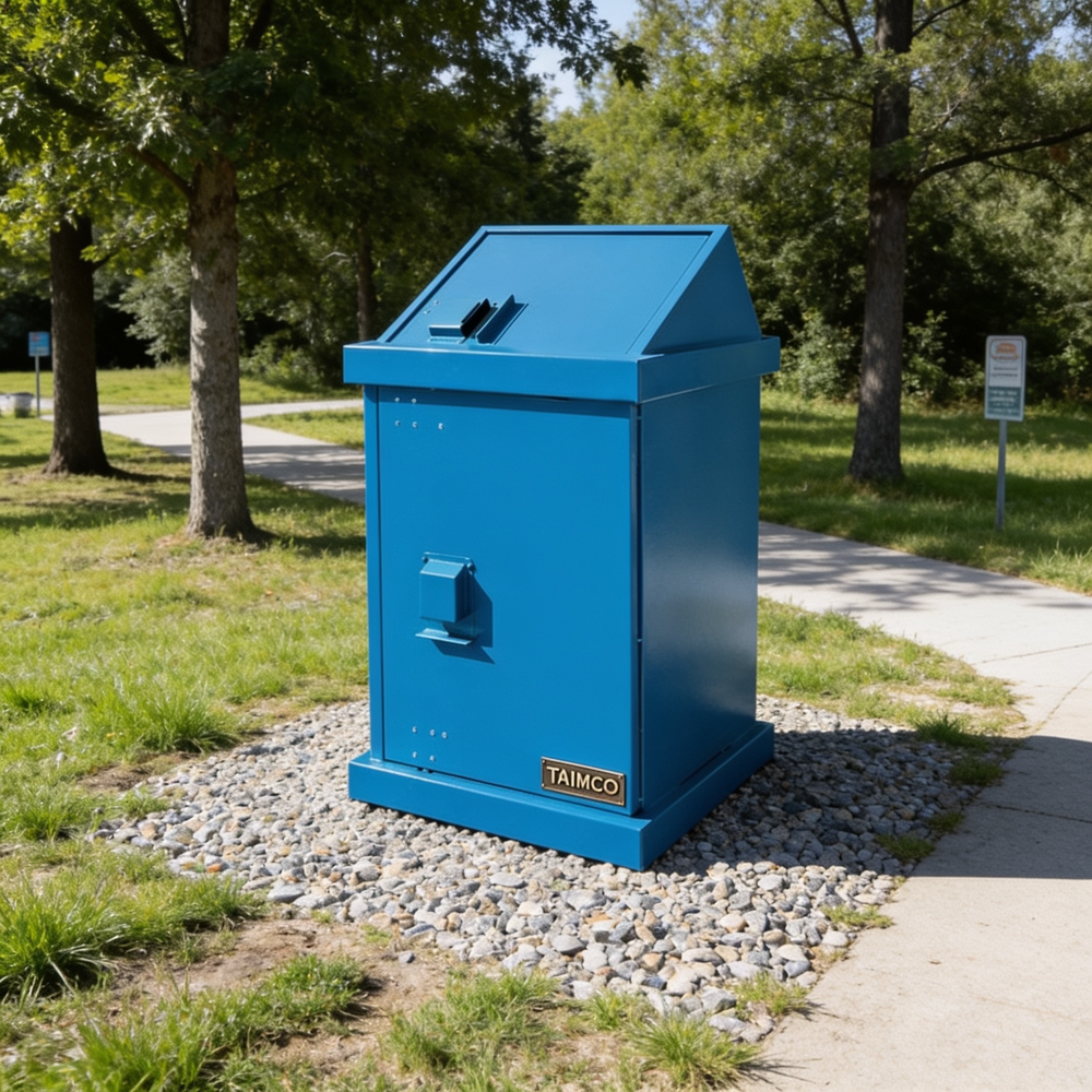 Single‑door metal trash enclosure with slanted top feed opening for easy disposal