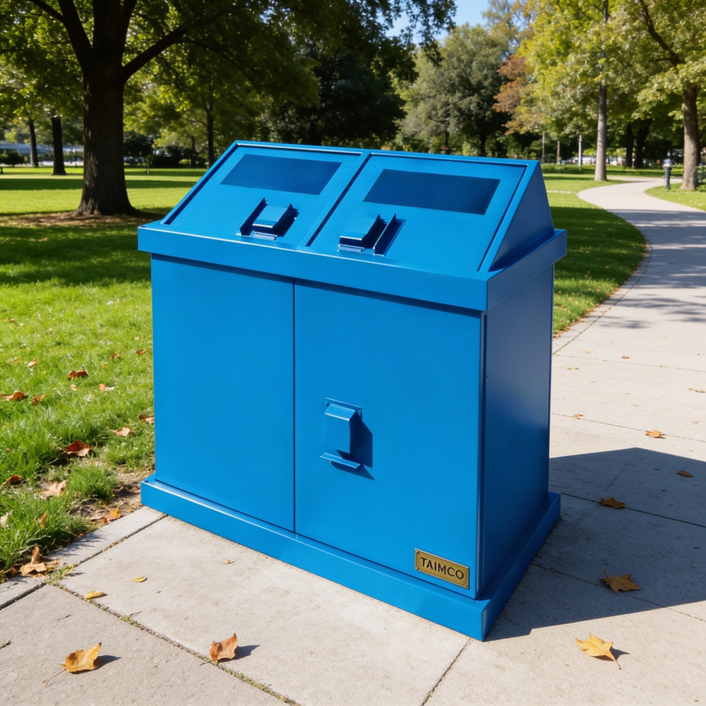 Public‑space double trash enclosure with rectangular loading slots and lockable doors