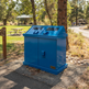 Commercial park waste bin with twin compartments and angled top hoods

