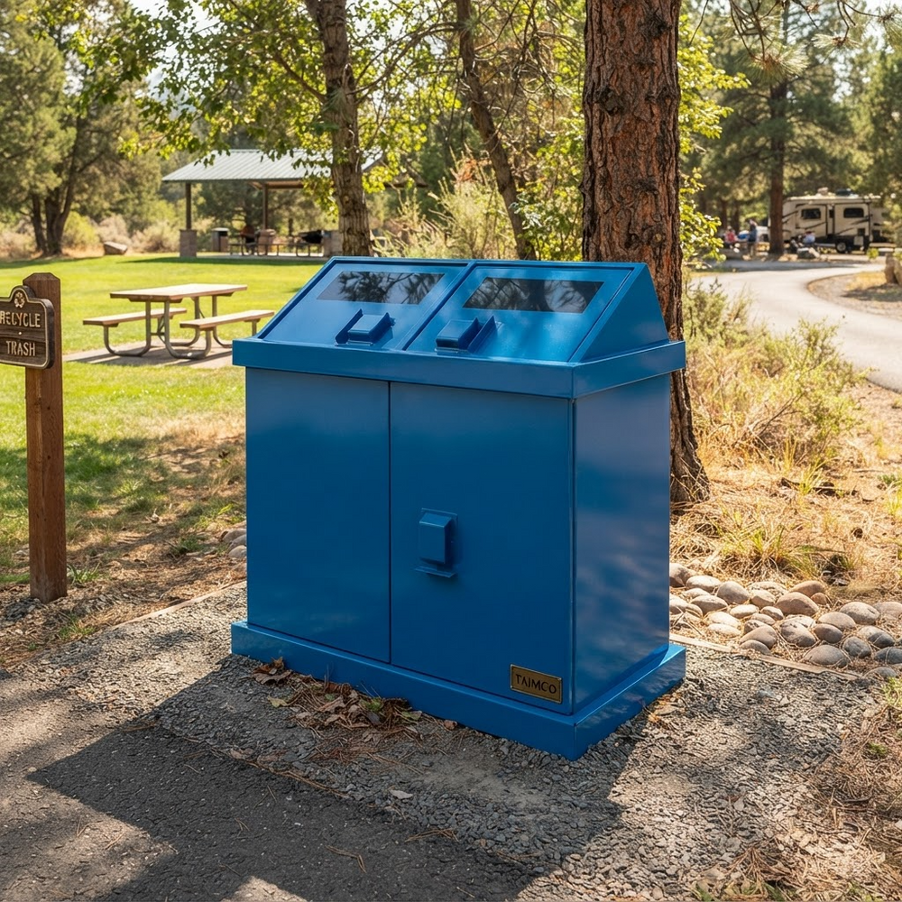 Commercial park waste bin with twin compartments and angled top hoods

