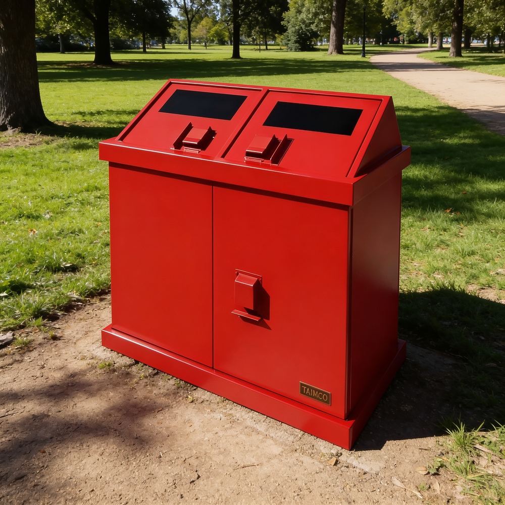 Heavy‑duty steel waste bin featuring two angled deposit openings and dual doors