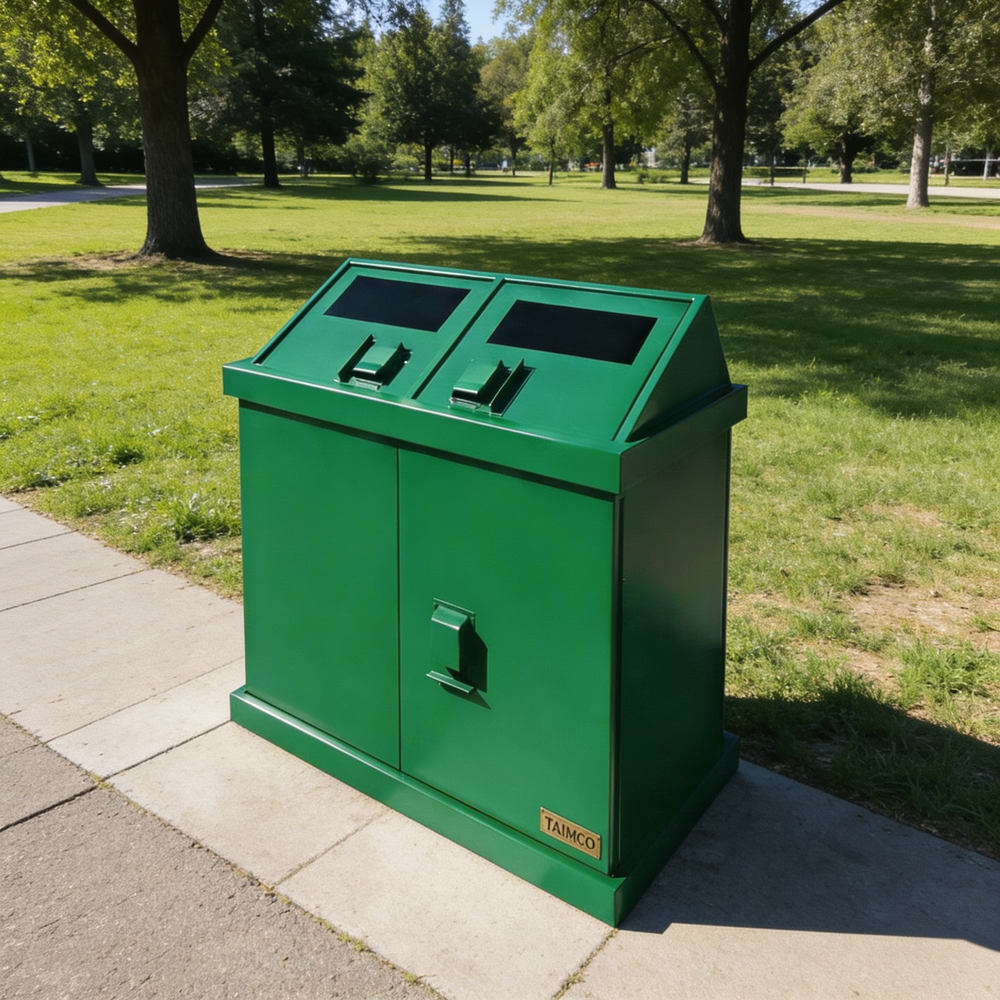 Public‑space double trash enclosure with rectangular loading slots and lockable doors