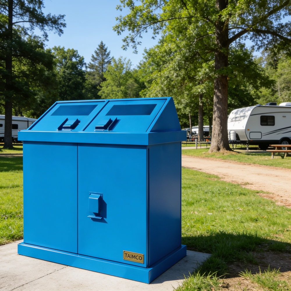 Commercial outdoor waste and recycling bin with ADA‑compliant top openings
