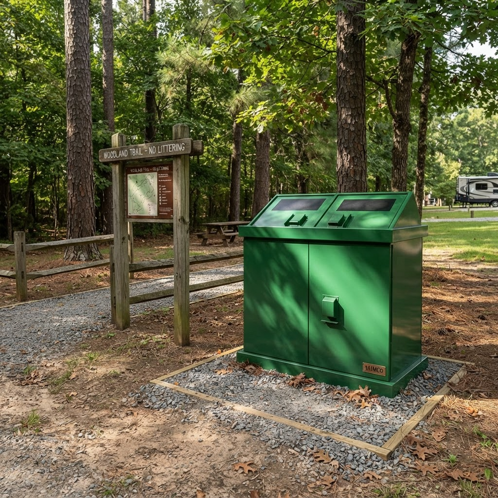 Metal double trash enclosure with front access doors and wide loading slots