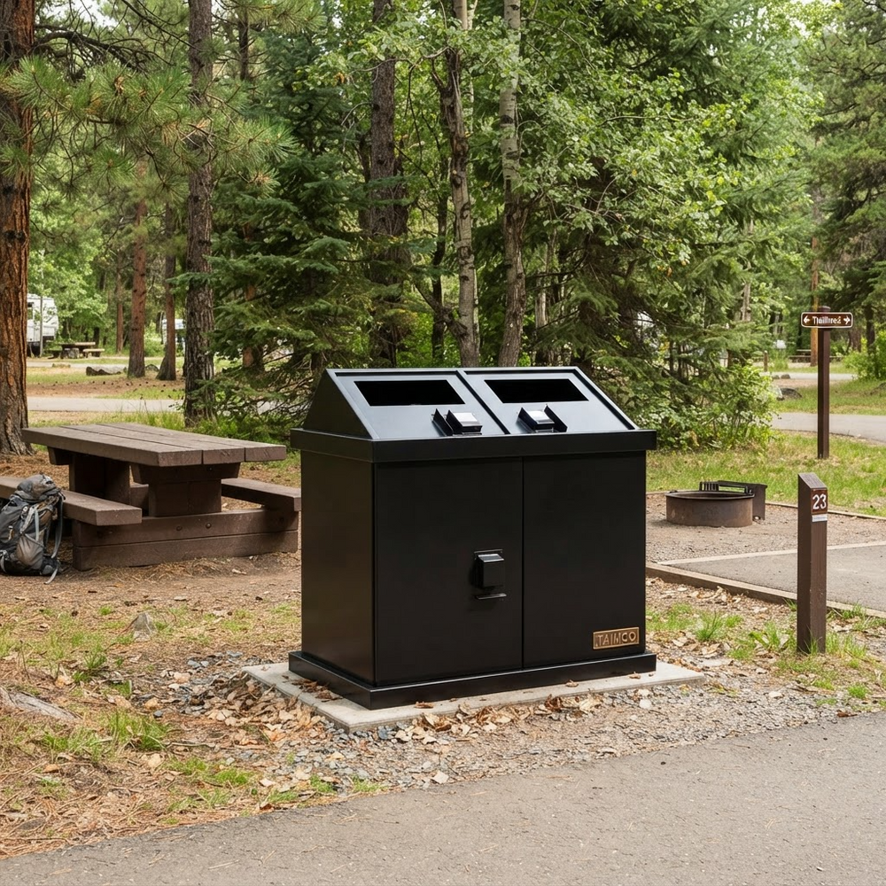 Heavy‑duty steel waste bin featuring two angled deposit openings and dual doors