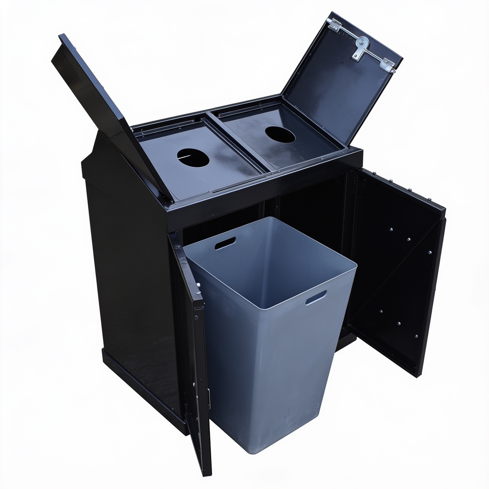 Durable metal waste bin with two compartments for trash and recycling separation