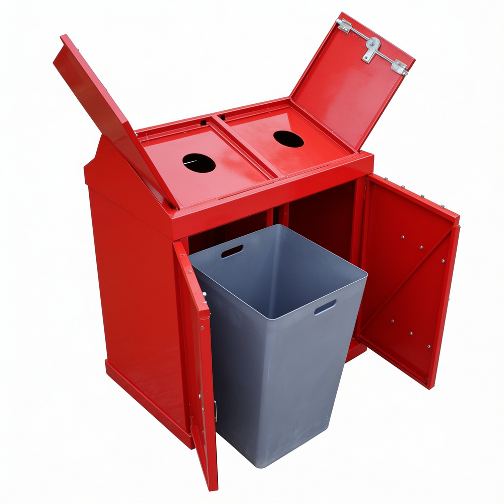Commercial park waste bin with twin compartments and angled top hoods