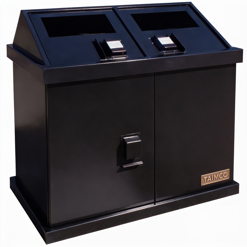 Black metal waste and recycling bin with dual front doors and top feed openings