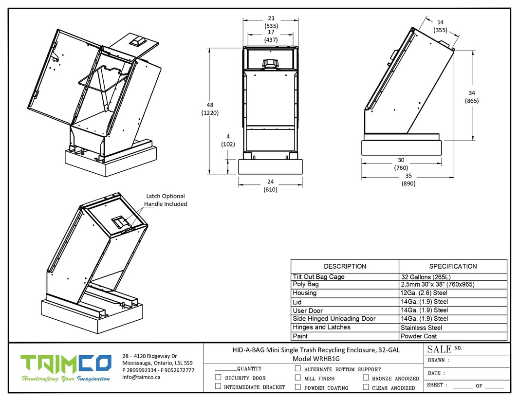 HID-A-BAG Mini Single Trash Recycling Enclosure, 32 GAL - Model WRHB1G