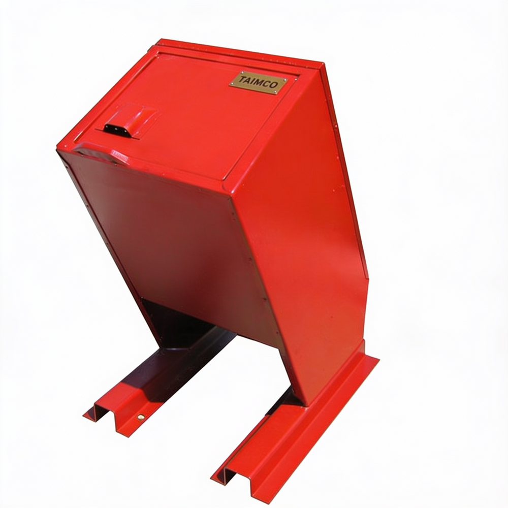 A red metal industrial bin or hopper with a slanted top and mounting feet, shown on a plain white background. A small gold-colored plate on the top reads 'TAIMCO'.