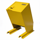 A bright yellow metal industrial bin or container on a matching yellow support base, photographed against a plain white background. A small label on the top reads 'YAIMCO'.