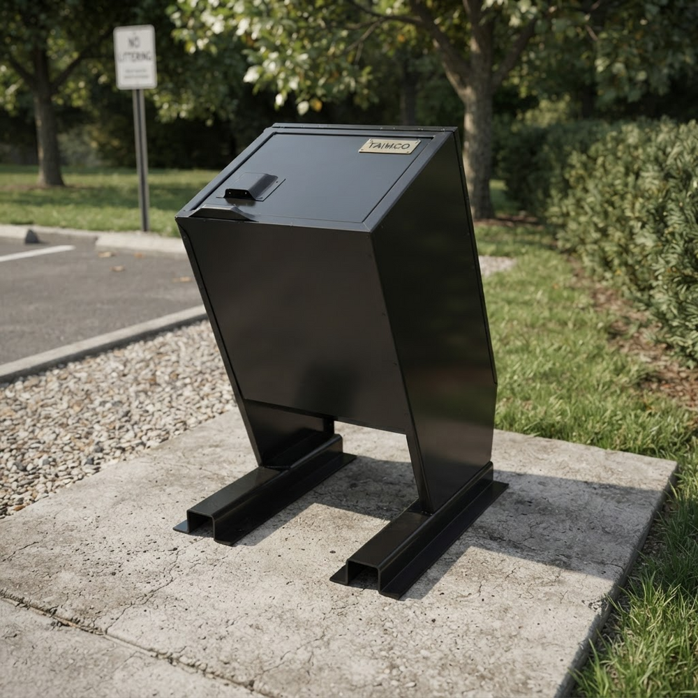 A black metal dumpster or trash container on a concrete pad outdoors, with grass, trees, and a parking lot visible in the background.