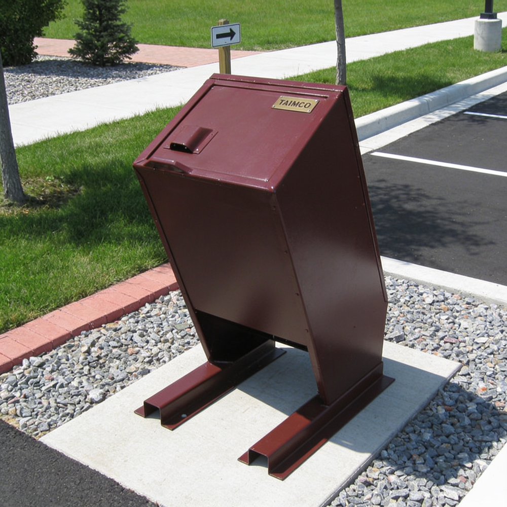 A dark reddish-brown metal trash can with a slanted lid and TARMCO branding, shown outdoors on a concrete base next to a parking lot and grass.