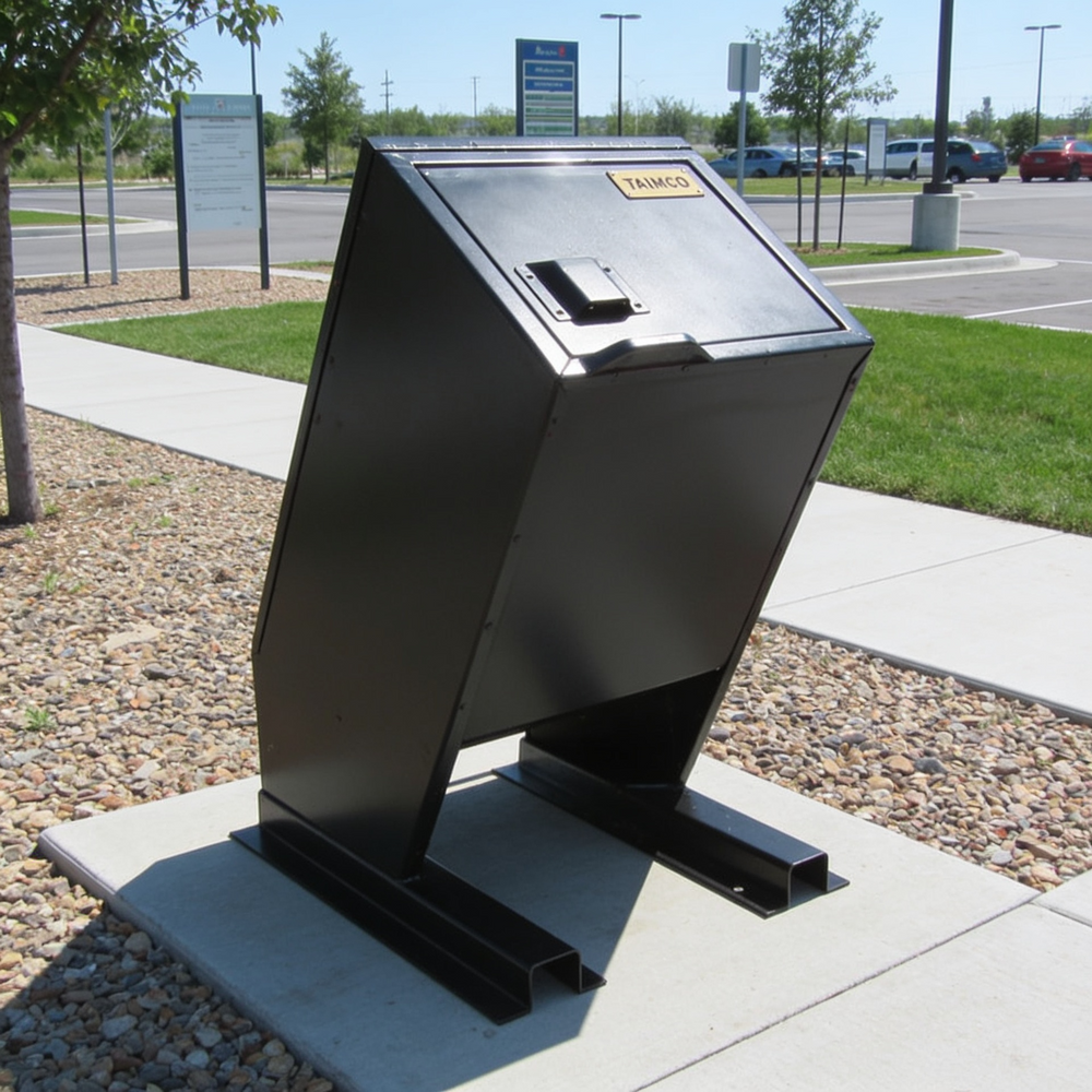 A black metal trash can with an open top and angled lid, mounted on a concrete base in an outdoor park or campus setting.