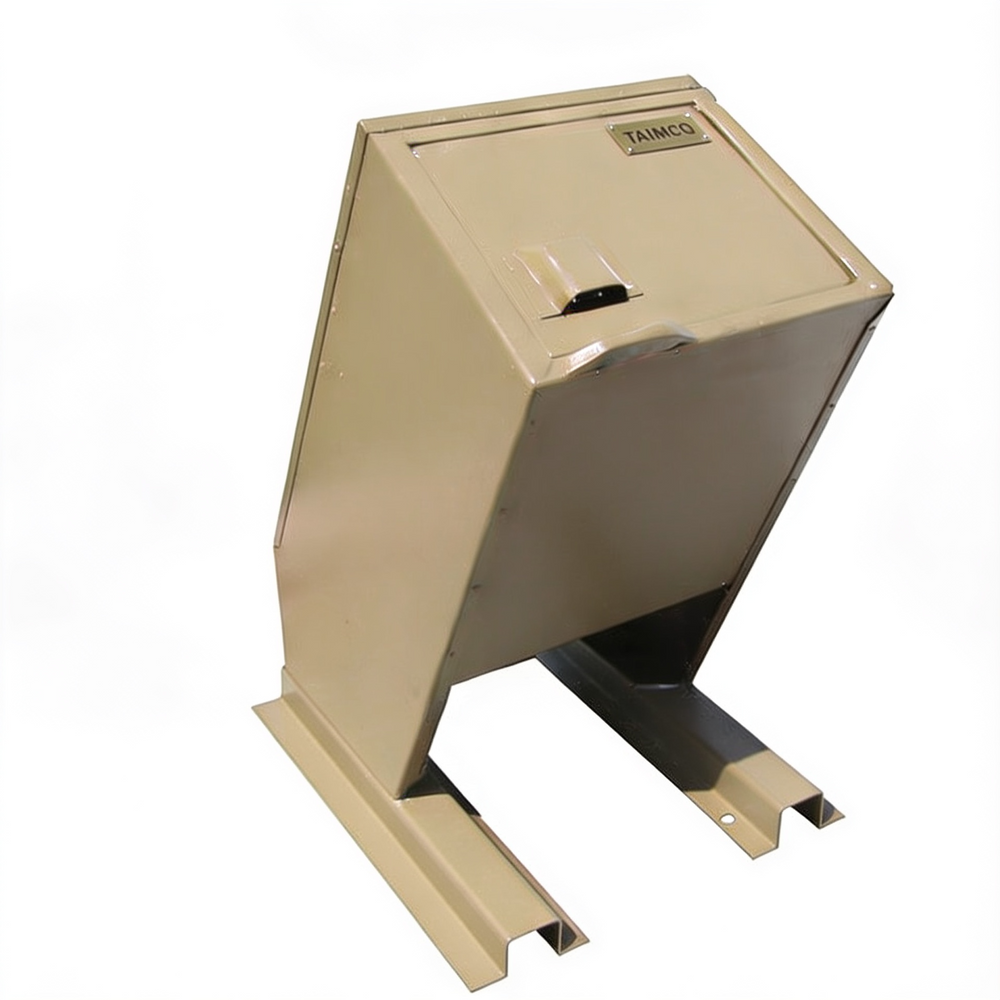 A beige metal waste bin with a slanted lid and a mounting bracket base, featuring a small 'TAIMCO' brand label on the front.