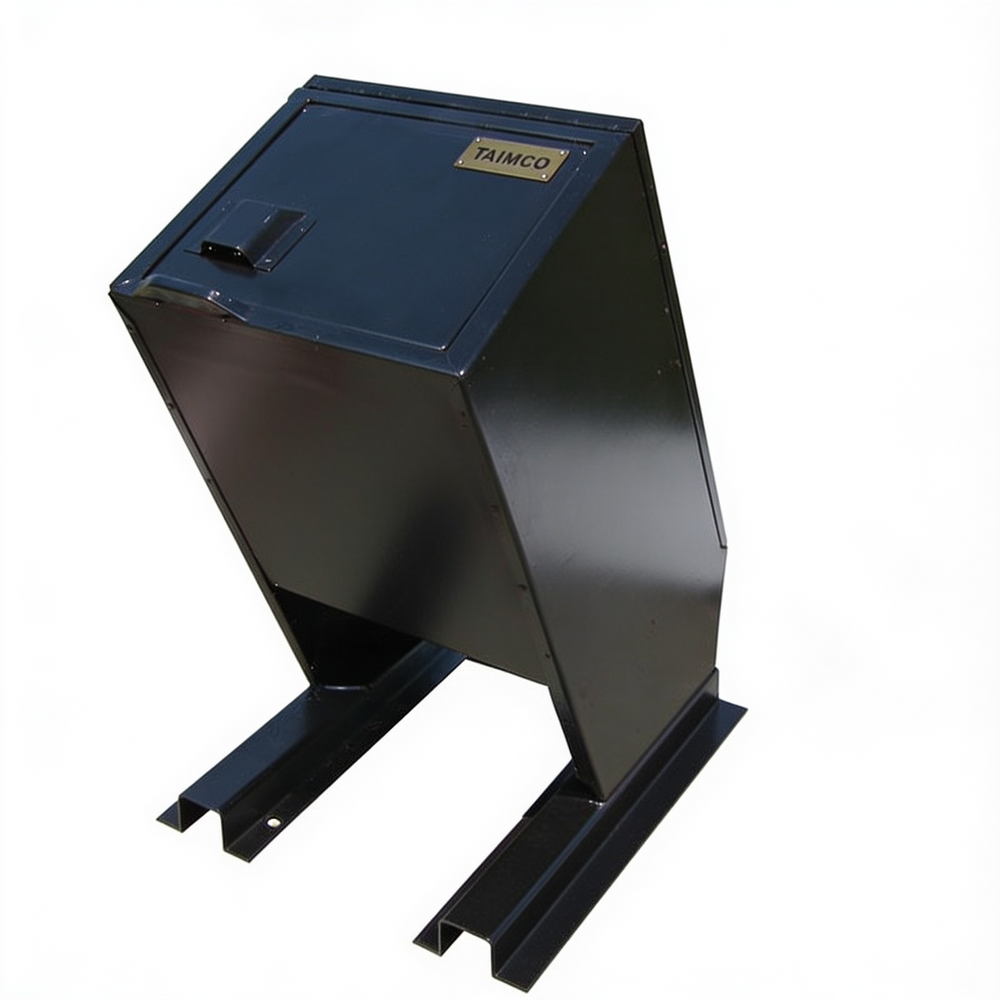 A black metal industrial trash can with a slanted lid and a gold 'TAIMCO' brand plate, shown on a plain white background.