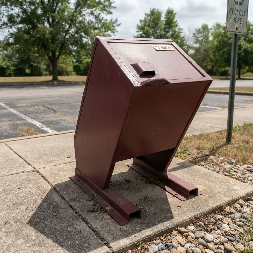 A large maroon metal recycling bin mounted on a concrete base in an outdoor parking lot area.