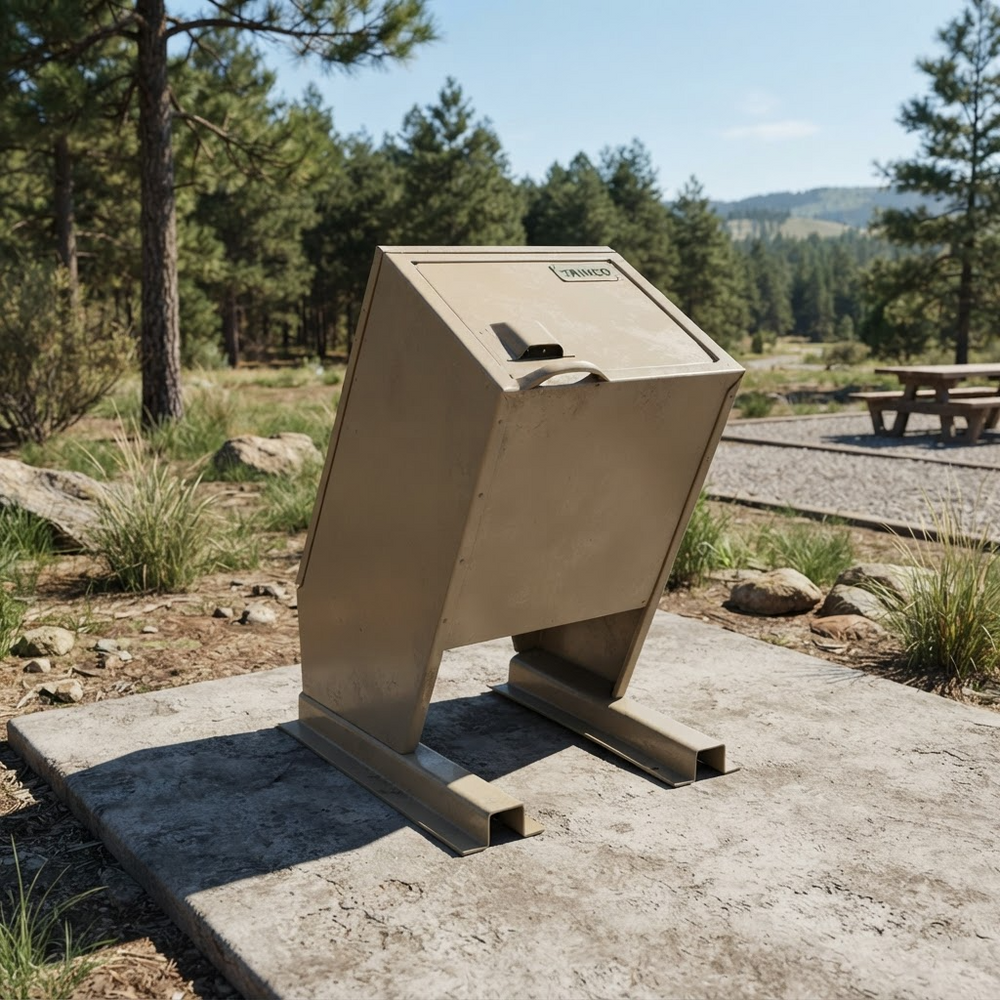 A large metal trash or recycling bin with a slanted open top, placed on a concrete pad outdoors in a wooded park area with trees, grass, rocks, and a picnic table visible in the background.
