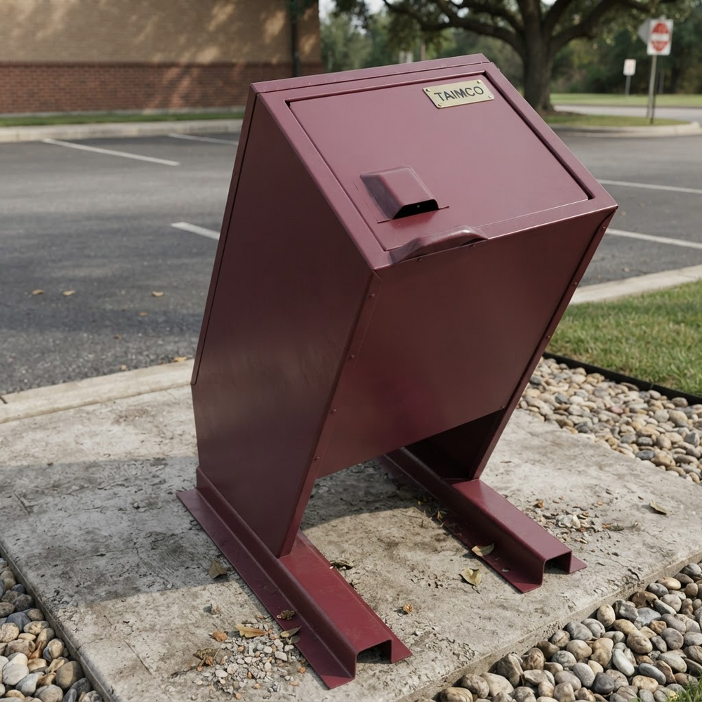 A dark red metal trash can with a slanted lid and a small 'TAMACO' label, shown outdoors on a concrete base next to a parking lot.