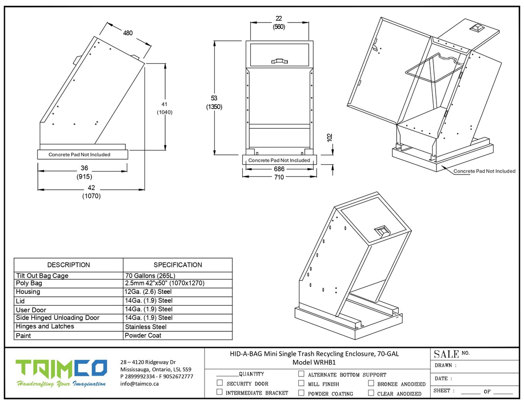 HID-A-BAG Single Trash Recycling Enclosure, 70 GAL - Model WRHB1