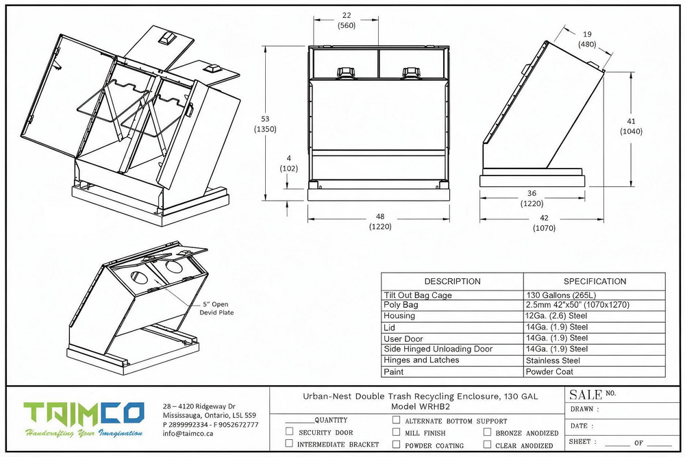 Technical dimension drawing and specification sheet for a Trimeco Urban-Nest Double Trash Recycling Enclave, showing multiple orthographic views with measurements, a table of specifications, and a small product photo inset.